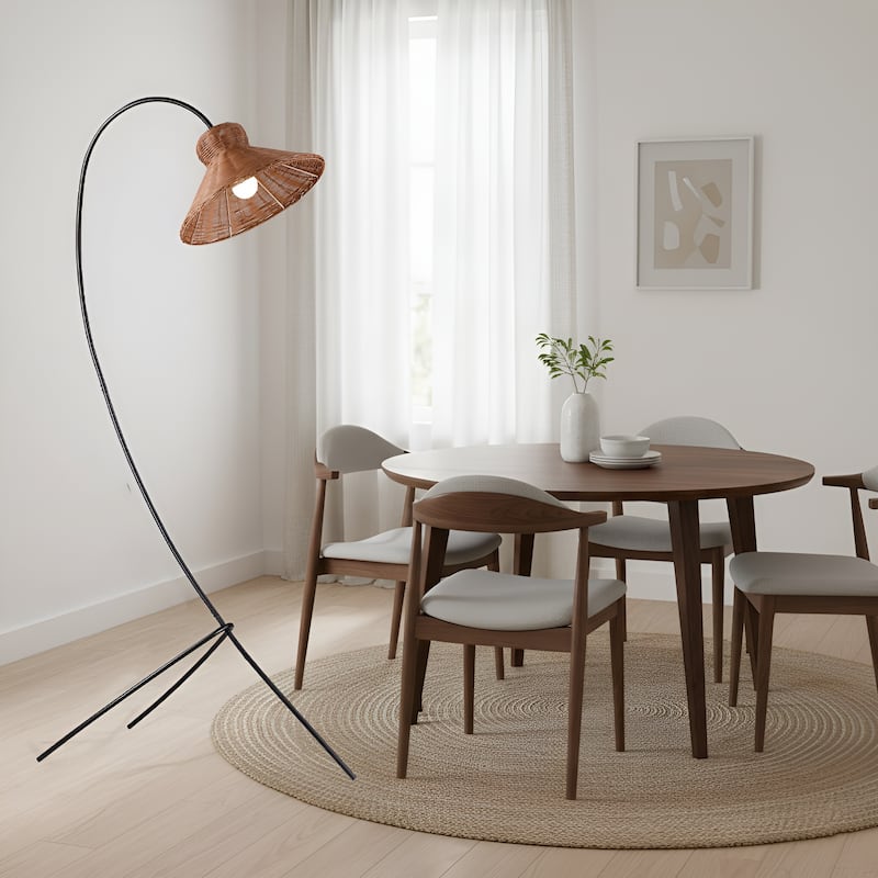 70" Bohemian Arc Floor Lamp – Woven Rattan Basket Shade on Black Metal Stem