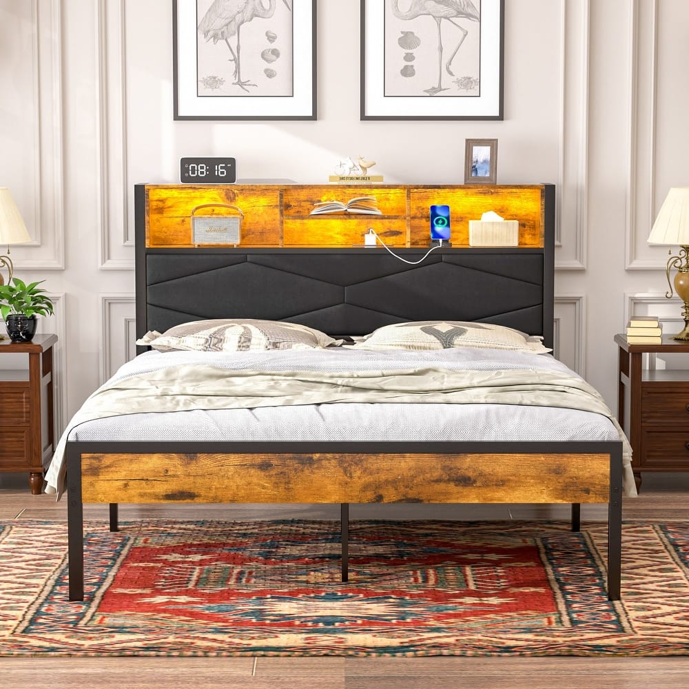 VECELO PU Leather Smart Bed Frame with RGB LED Lights and Bookcase Storage USB Outlet Charging Headboard No Box Spring