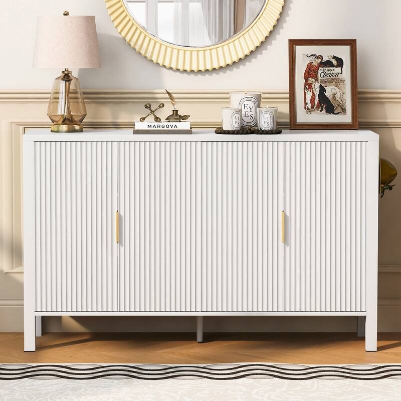 Modern 57.5" Fluted Door 4-Door Sideboard with Side Hooks and Adjustable Shelves - White