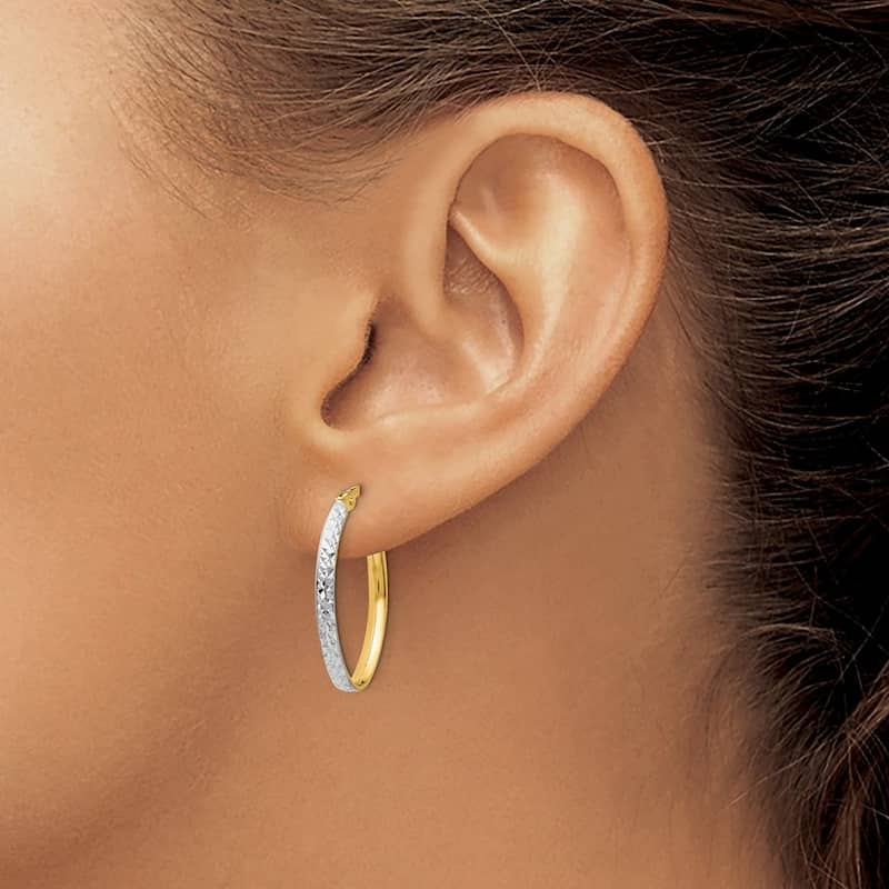 Curata 14k Yellow Gold With Rhodium 23x2mm Diamond Cut Oval Hoop Earrings