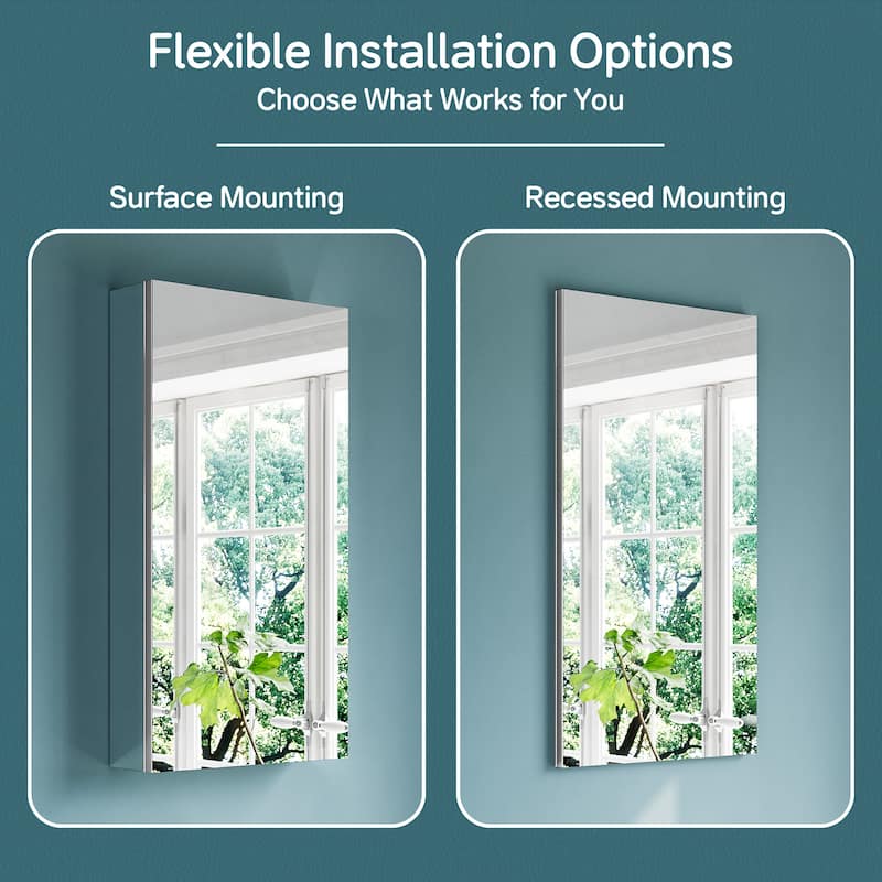 16x30" Tri-View Mirrored Medicine Cabinet with Soft-Close Blum Hinges, Reversible Door, Recessed/Surface Mount, Aluminum Body