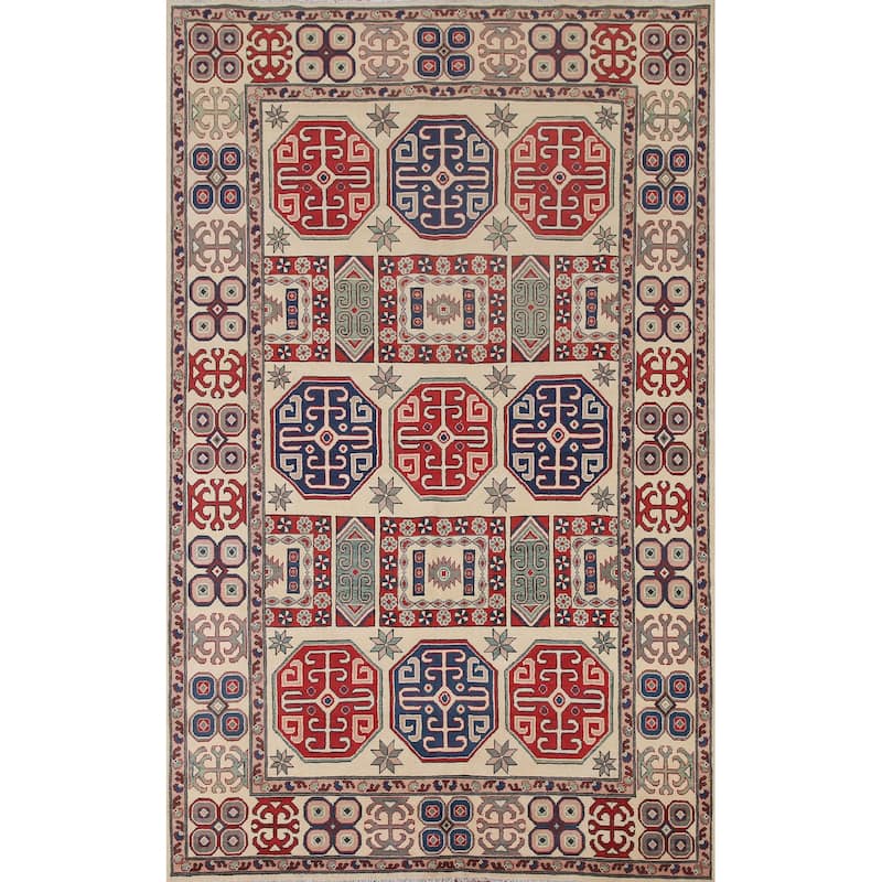 Hand Knotted Oriental 100% Wool Carpet Traditional All-Over Beige & Ivories Kazak Area Rug - 9' 7'' X 6' 6''
