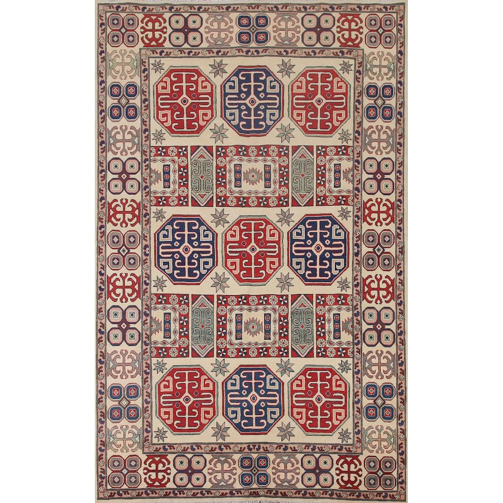 Hand Knotted Oriental 100% Wool Carpet Traditional All-Over Beige & Ivories Kazak Area Rug - 9' 7'' X 6' 6''