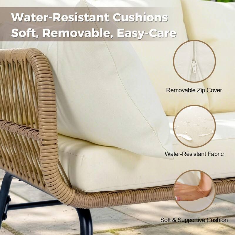 7-Piece Outdoor Boho Patio Furniture Set with Double Egg Chair, Wicker Sectional Conversation Set with Coffee Tables and Cushio
