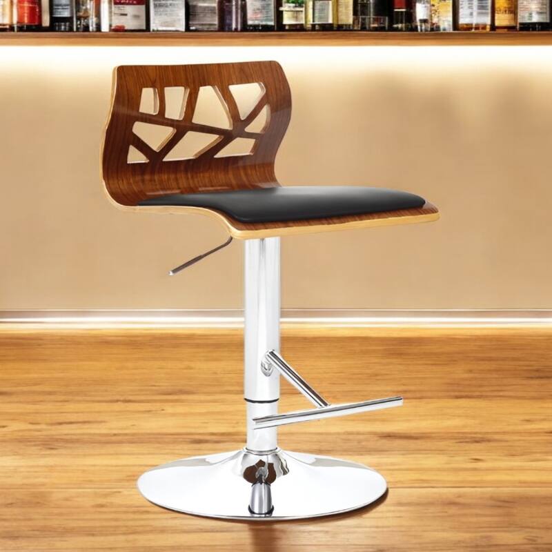 Adjustable Height Bar Chair with Wood Back and Faux Leather Seat - 16” x 18” x 34” - Black-Brown-Silver