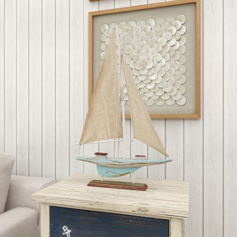 Blue Wood Distressed Sail Boat Decorative Sculpture with Cream Linen Sails and Brown Accents