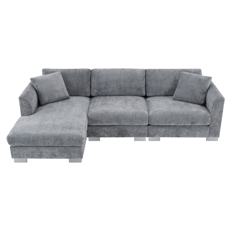 96*56" L-shaped 4-seat Chenille Sofa with Chaise and 2 Pillows, Gray