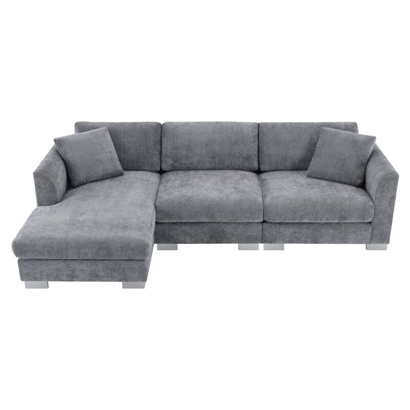 L-Shaped Sectional Sofa with Chaise Lounge, Oversized Chenille Upholstered Sofa, 4 Seater Sofa with 2 Throw Pillows