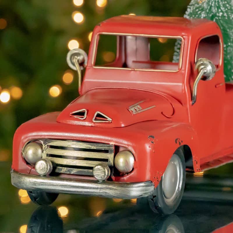 Red Iron Pickup Truck with Christmas Tree - 16.22"x6"x6.5"T