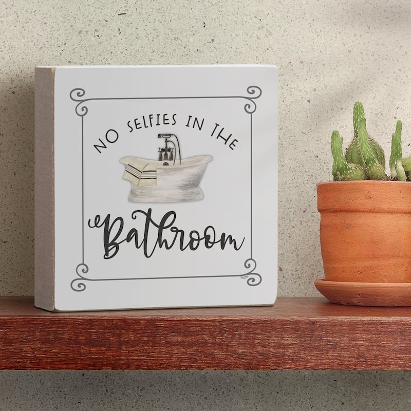 Wood Block Décor Message No Selfies Sign, 3.75 inches Square, Made in The USA - Multi-55