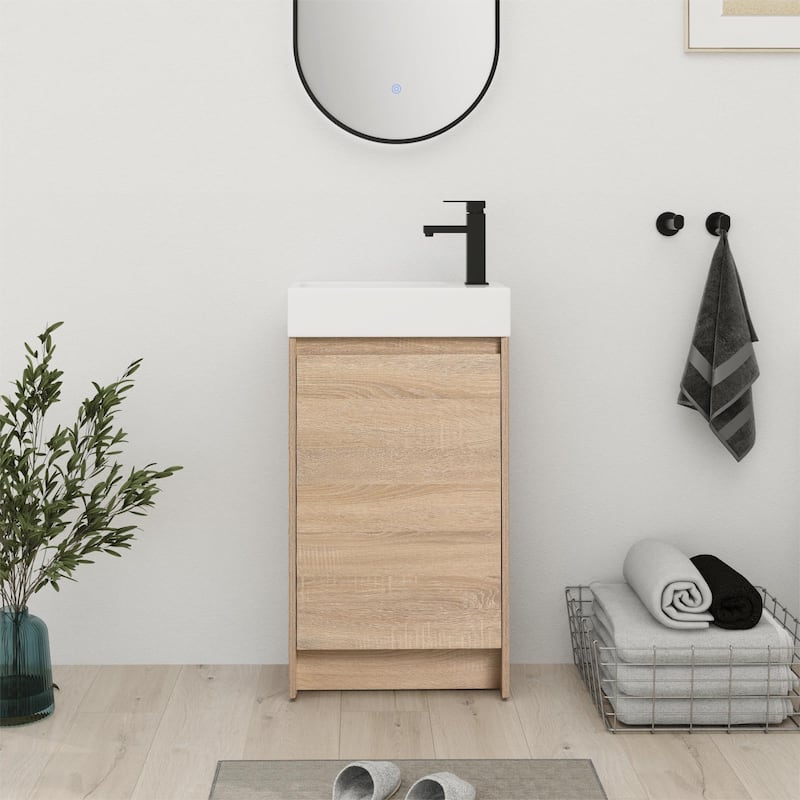 Bathroom Vanity With Sink In 16/18 Inch, Freestanding Bathroom Vanity With Soft Close Door - 18.1"W x 10"D x 33.8"H - Light Oak