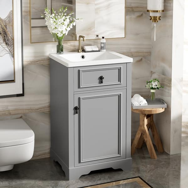 slide 2 of 20, GDFStudio - Lisa 20" Bathroom Vanity with Ceramic Sink, Soft-Close Door & Storage Rack 1 Dummy Drawer - Grey
