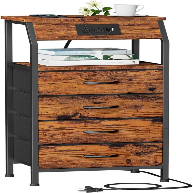 Night Stand with Charging Station Small Bedside Table with Wood Shelf