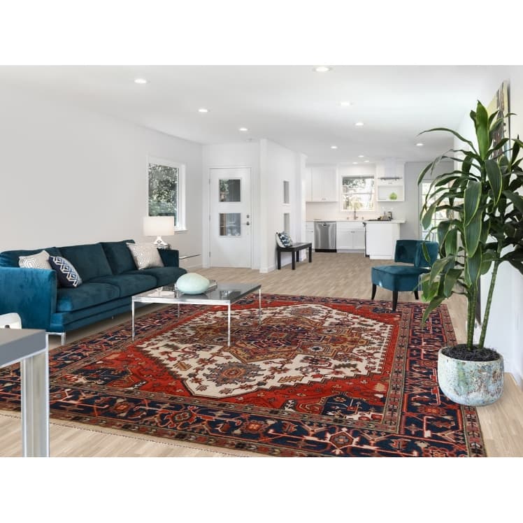 Hand Knotted Oriental 100% Wool Carpet Traditional Medallion Beige & Ivories Heriz (serapi) Area Rug - 11' 10'' X 8' 10''