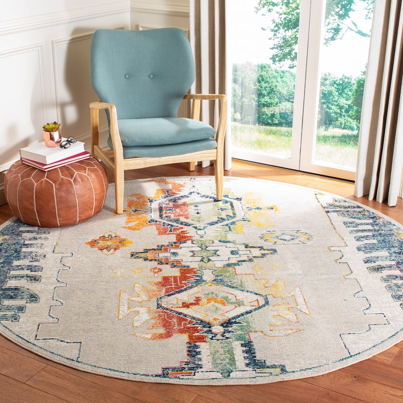 SAFAVIEH Crystal Zahariea Boho Distressed Rug - 7' Round - Light Grey/Orange