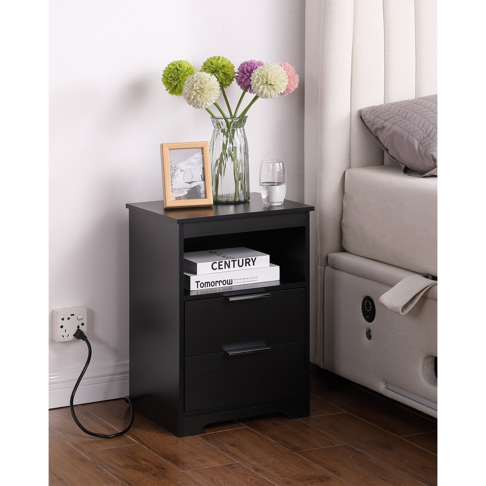 End Table Side Table Nightstand with 2 Drawers, Lamp Table Dressing Table with Open Shelf and Charging Station