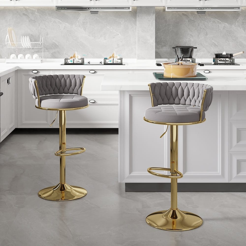 Javlergo 4 Colors Bar Stools Set of 2 Elegant Velvet Swivel Bar Stools with Adjustable Height Woven Back & Golden Base