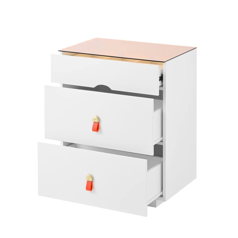Nightstand with LED Lights & 3 Drawers, Side Table with Glass Top Jewelry Storage Compartments, Small Wood Accent Table