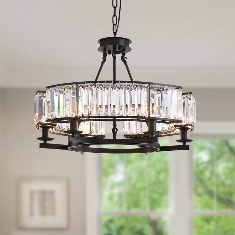 26 in. Round Crystal Chandelier Black Industrial Dining Room Light Fixtures 6-Light for Farmhouse Living Room Foyer - Black Chandelier