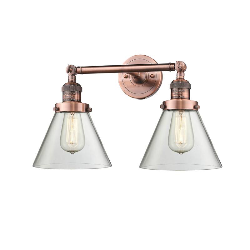 Innovations Lighting Large Cone 2 Light 18" Wide Bathroom Vanity Light - Antique Copper / Clear