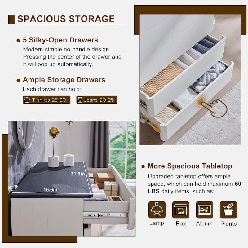 Modern 5 Drawer Dresser for Bedroom, Handle-less Wooden Dressers