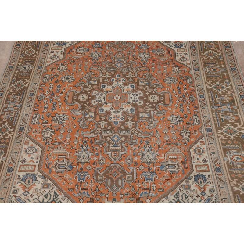 Geometric Tabriz Area Rug Orange Handmade Wool Carpet - 6'5"x 9'5"