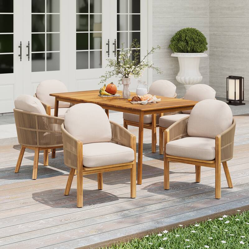Christopher Knight Home- Lucas Acacia Wood Outdoor 7-Piece Dining Set - Teak Finish+Beige Cushion