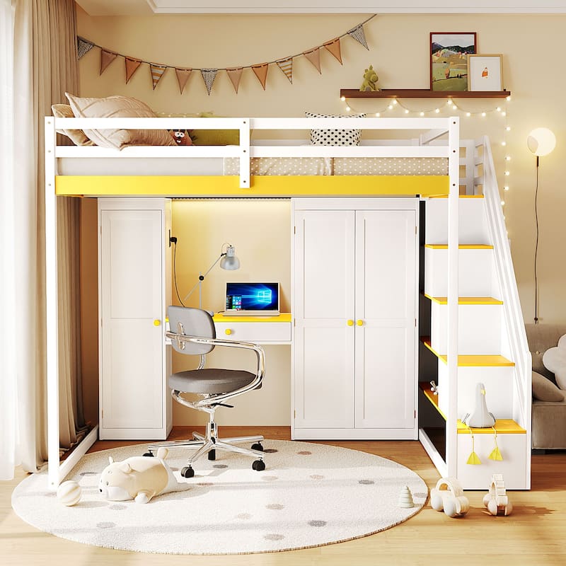 Full Size Loft Bed with Storage Staircase, Built-in Dressing Table, Mirror & Wardrobe - USB Charging & Lights