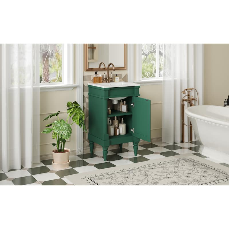 GDFStudio - Wexford Retro Freestanding Bathroom Vanity with Ceramic Sink, Solid Pine Wood Legs & Adjustable Shelf - 18'W