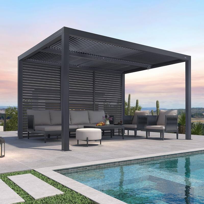 PURPLE LEAF Gray Louvered Pergola Outdoor Aluminum Pergola with Adjustable Roof for Patio Grey Hardtop Gazebo