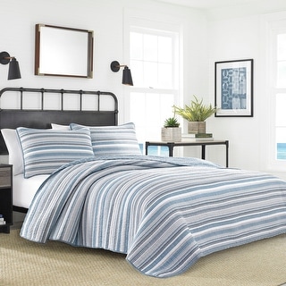 Nautica Jettison Horizontal Stripes Reversible Cotton Quilt (Blue, 3 Piece Set)
