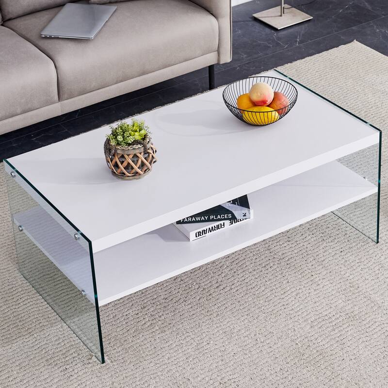 43.3" Modern Rectangular Coffee Table with Tempered Glass Legs and Storage Shelf