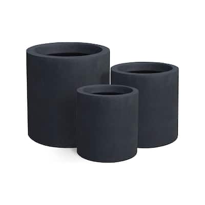 Kante Set of 3 Lightweight Concrete Outdoor Modern Cylindrical Planters, 15.8, 12.9 and 9.8 Inch Tall, Charcoal
