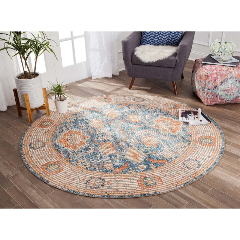 Jani Lucy Blue Floral Jute/Chenille Area Rug