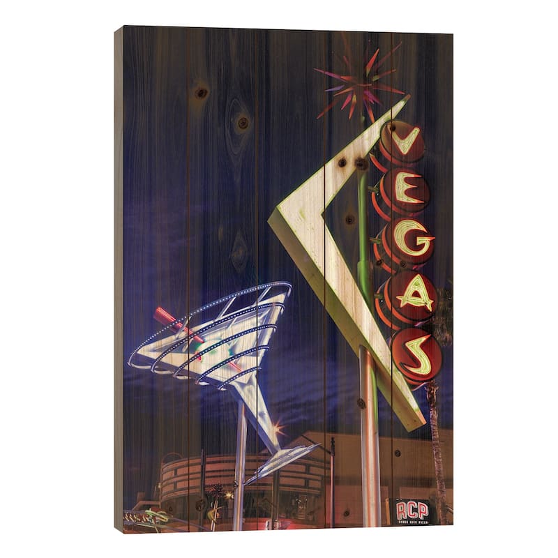 Neon Martini Glass And Vegas Signs At Night, Fremont East Entertainment District, Las Vegas Print On Wood by Julien McRoberts - 26x18x1.5