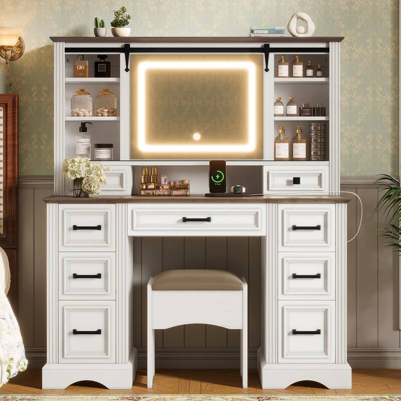 47.2" Farmhouse Makeup Vanity Desk with Sliding Mirror & LED Lights, 9-Drawer Dressing Table with Stool