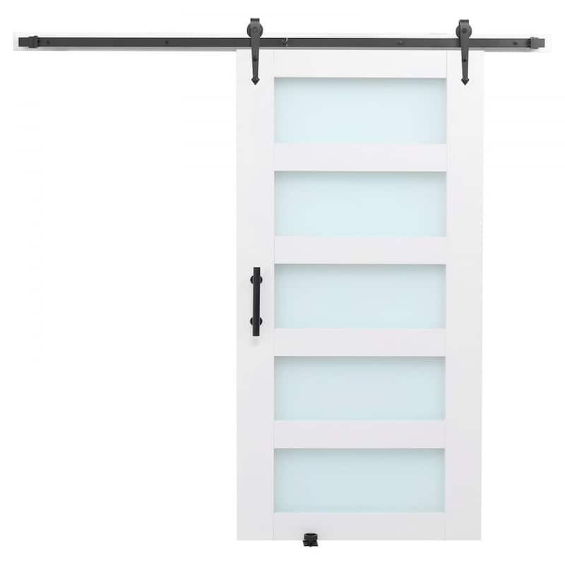 White MDF Sliding Barn Door with Frosted Glass for Bathroom and Kitchen