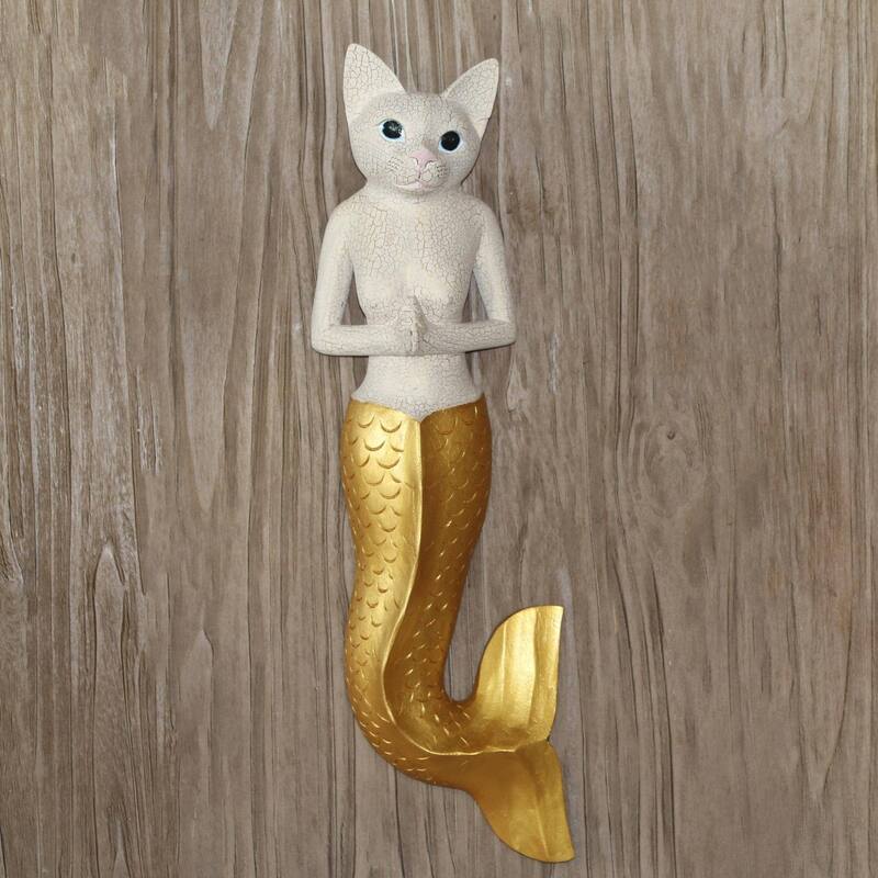 Handmade Mermaid Kitty in White Wood wall sculpture (Indonesia)