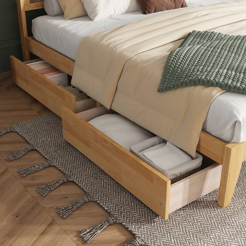 Platform Bed with Rattan Headboard, Wood Slats Support and Enhanced Support Legs - Optional Storage Bed with 2 Drawers