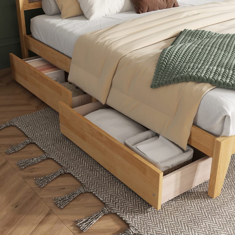 Queen Platform Bed with Rattan Headboard, 2 Drawers, Solid Rubber Wood Frame