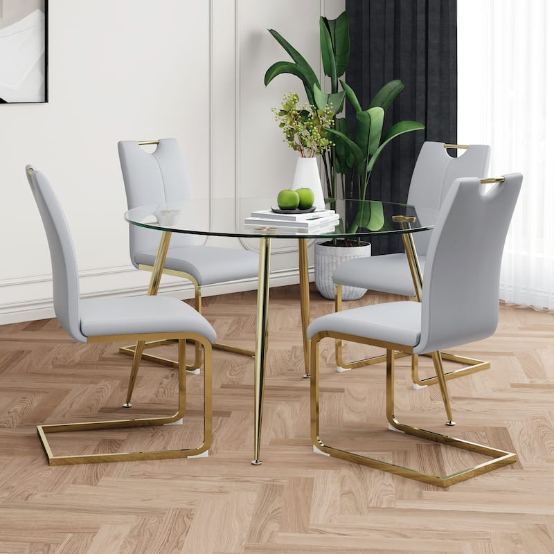 47.2" Luxury Glass Dining Table Set for 4, Circle Kitchen Table with 4 PU Chairs, 5-Piece Modern Dining Table and Chair Set - Grey+Gold