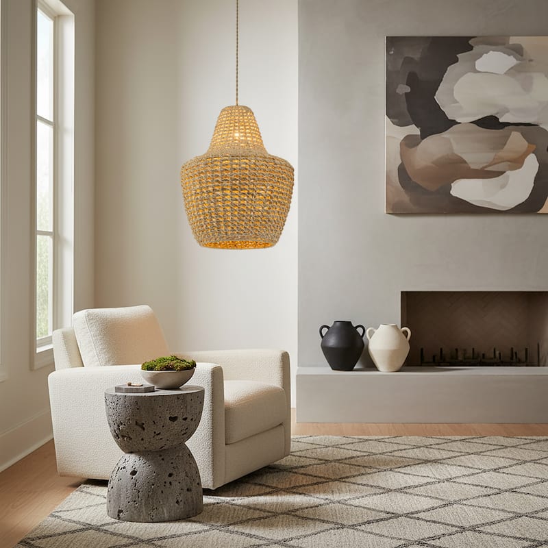 Mika 1-Light Rattan Pendant, Modern Coastal Boho - Handwoven - 16" Wide