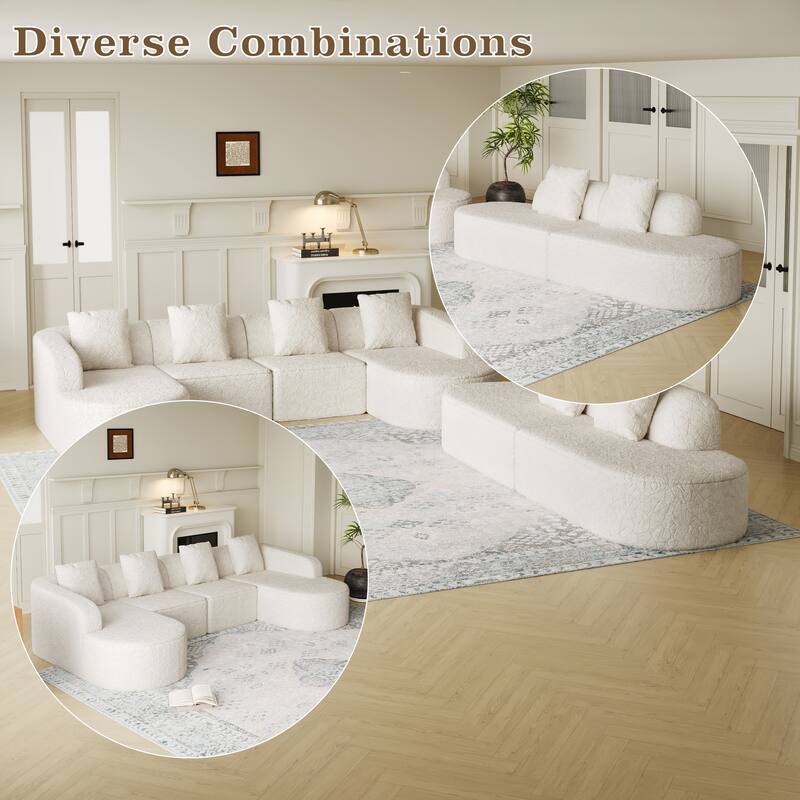 Curved Modular Sofa with Chaise Lounge, Full Compression Upholstered Boneless Sofa, Corner 3 Seater Sofa with 3 Pillows