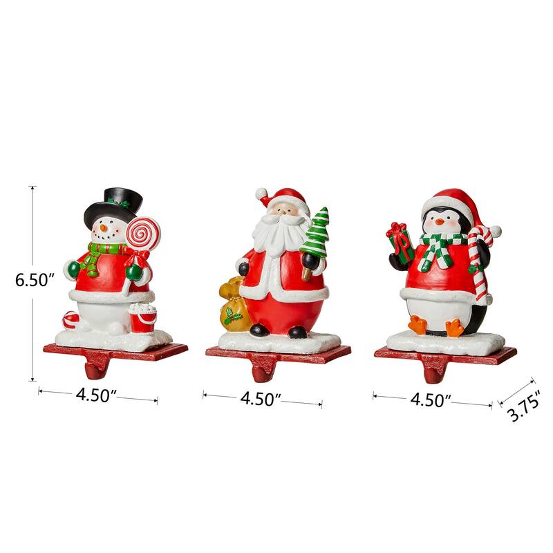 Glitzhome Resin Santa Snowman Penguin Gnomes with JOY Christmas Stocking Holders Mantel Ornament(Set of 3)
