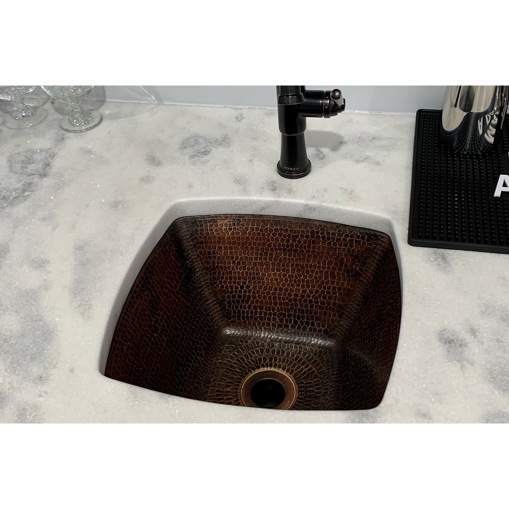 SimplyCopper Square Hand Hammered Copper Bar Prep Sink - 15x15x7 Inch, Aged Copper, Mexico