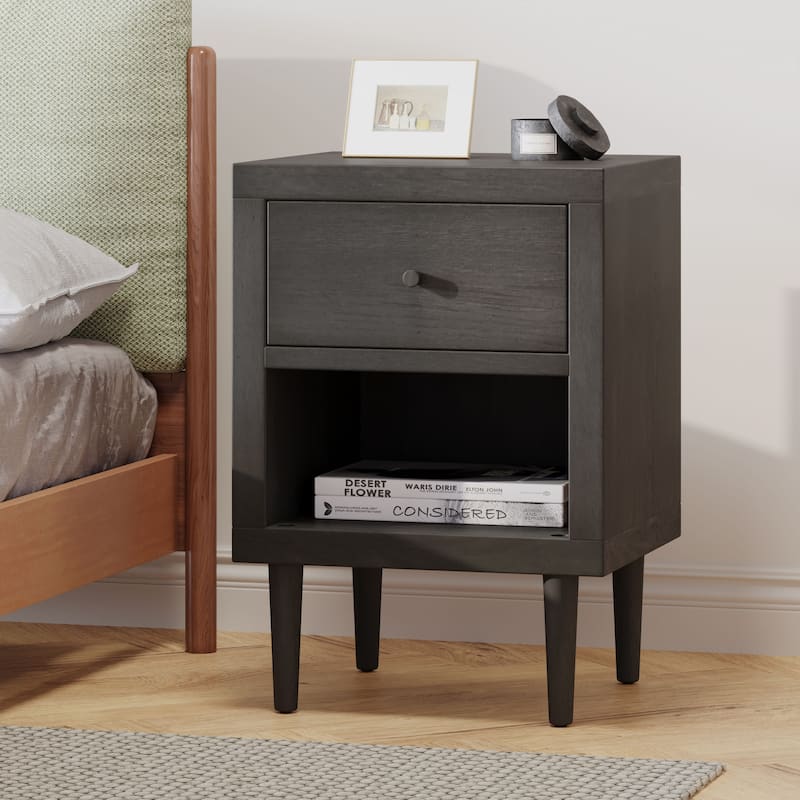 Sleek Gray Nightstand with Mid-Century Flair, Faux Wood Finish