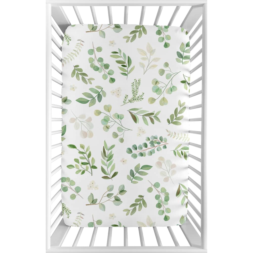 Floral Leaf Baby Girl Fitted Mini Portable Crib Sheet - Green and White Boho Watercolor Botanical Woodland Tropical Garden