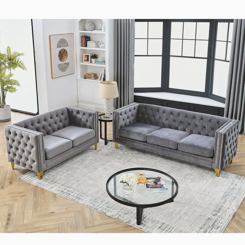 Roomfitters 5-Seater Velvet Sofa Set, 3+2 Chesterfield Square-Arm Tufted Couches with Nailhead Trim and Gold Legs