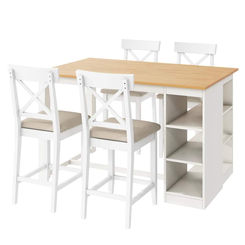Roomfitters 5-Piece 60" Solid Wood Farmhouse Counter Height Dining Set with Storage Shelves