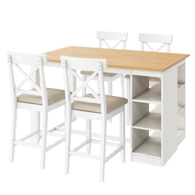 Solid Wood Farmhouse Counter Height Dining Table Set with 3-Tier Storage Shelves, Upholstered Dining Chairs for 4, 5-Piece